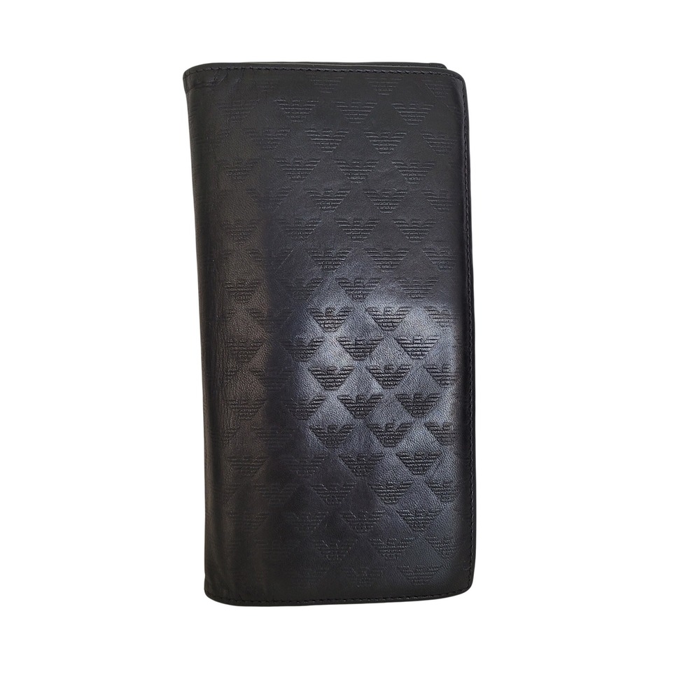 Emporio Armani Black Leather Long Bifold Wallet Embossed Eagle Logo Italy